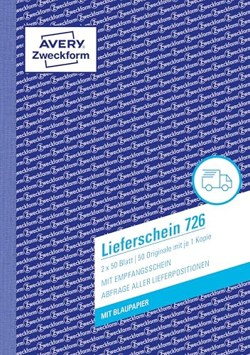 AVERY Zweckform 726 Lieferschein mit Empfangsschein (A5, 2x50 Blatt, mit 1 Blatt Blaupapier und farbigem Durchschlag, zur Abfrage aller Lieferpositionen) weiß/rosa