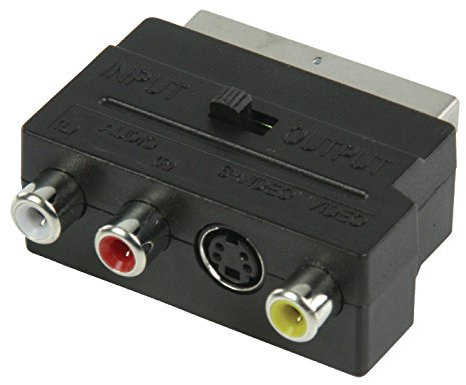 Valueline VLVP31902B – Adaptador conmutable SCART macho a 3 conectores RCA Phono y conector Super Video - Adaptador Euroconector a 2 x RCA Phono audio, 1 x RCA Phono Video, 1 x S-Video hembra