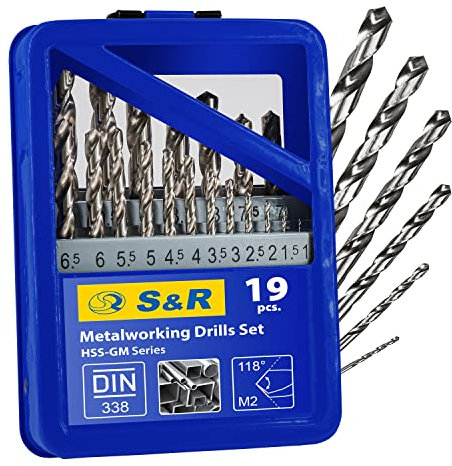 S&R Set de 19 forets GM-Serie en acier HSS, rectifiés, 1-10 mm 118° DIN 338 qualité professionnelle, dans une boîte en métal