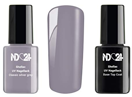 Shellac Set - Uv Lack + Base Top Coat - Classic Silver Grey - Silber - Made in Germany (2 x 12ml)