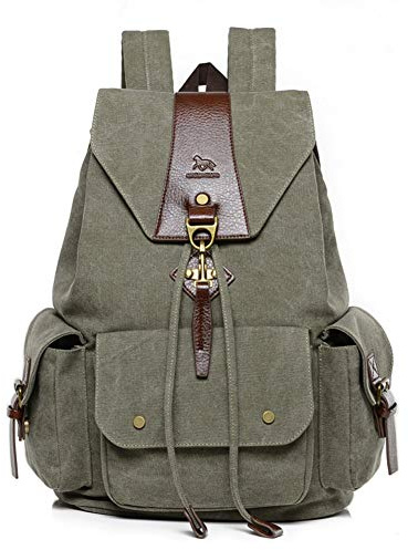 Canvas Vintage Rucksäcke,Popoti Rucksack Damen Herren Schulrucksack Leinwand Retro Backpack Unisex Daypacks für Outdoor Sports Reisen Wandern mit Großer Kapazität Wanderrucksack (Armygrün)