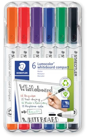 STAEDTLER Dry Wipe Whiteboard Pens - Lumocolor Compact - Bullet Tip - 1-2mm Line Width - Pack of 6, 341 WP6