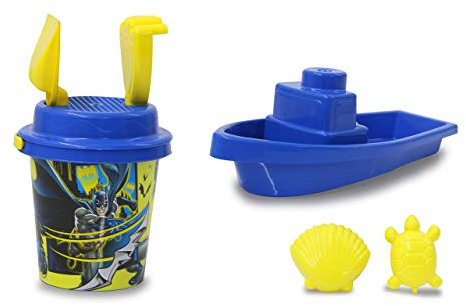 Batman Sandeimerset Boot und Eimer 7teilig - offiziell lizenziert – Eimer, Schaufel, Handrechen, 2 Förmchen, Boot, Sandsieb