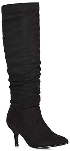 ESSEX GLAM New Womens Knee High Boots Ladies Kitten Low Mid Heels Pointed Toe Ruched Zip Size 3-8