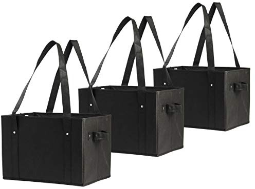 Earthwise Deluxe Collapsible Reusable Shopping Box Grocery Bag Set with Reinforced Bottom Storage Boxes Bins Cubes (Set of 3) (Black)