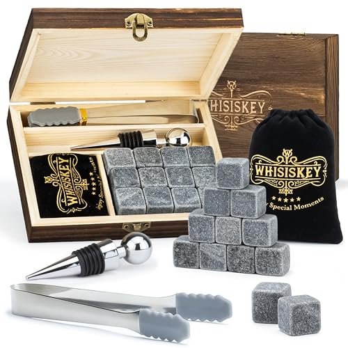 WHISISKEY Pierre a Whisky - 12x Pierre a Whiskey - Coffret Whisky Cadeau Homme Anniversaire Original - Cadeau pour Son Copain - Idee Noel Papa - Boite Rangement - Glacon Reutilisable