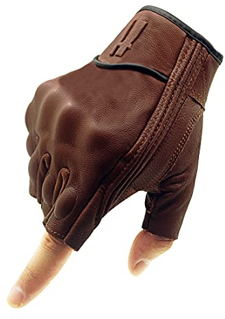 Harssidanzar Half Finger Motorcycle Gloves,for Mens Leather Riding Driving Gloves with Hand Knuckle GM037,Saddle,Size,L
