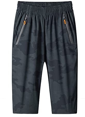 MakingDa Pantaloncini da uomo 3/4 Jogger Capri Casual Sport Pantaloni estivi con chiusura lampo allentata Gym Running Pantaloni – Elastico in vita sotto il ginocchio corto con tasca con cerniera