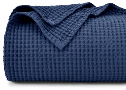 PHF Couverture gaufrée 100 % coton,220x240 cm,Douce, légère et respirante pour toutes les saisons,Couverture parfaite pour canapé, lit, canapé,Taille queen,Bleu marine