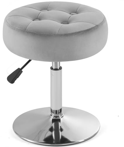 Gitrah Gray Vanity Chair for Makeup Room Vanity Stool for Makeup Room Round Velvet Tufted Makeup Chair Vanity Stools for Bathroom Height Adjustable 360 Swivel
