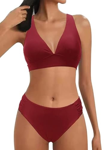 Dam bikiniset V-hals baddräkt hög midja snörning mitt uppgång tvådelad baddräkt bred rem triangel bikini push-up baddräkt, Vinrött, XL