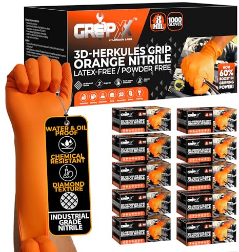 GRIPXX Herkules Grip Heavy Duty 8Mil Orange Nitrile Gloves,3D Raised Diamond Texture-Latex & Powder Free-Industrial, Mechanic (10, Large)