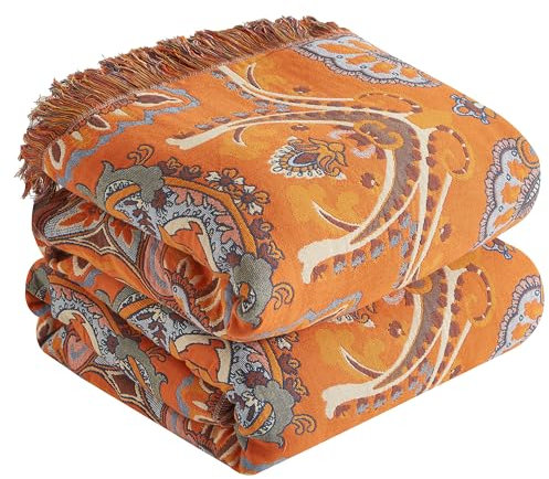 SE SOFTEXLY Boho Decke 100% Baumwolle – Doppelseitige Musselin Tagesdecke 150x200cm, Kuschelige Sofadecke & Bettüberwurf, Aesthetic Design, Ideal für Wohnzimmer & Schlafzimmer, Orange/Blau