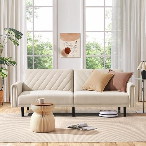 Yaheetech 201cm Convertible Sofa Bed Click-clack Fabric Futon Couch Stylish Versatile Daybed with Large Side Pockets for Guest Rooms/Studios/Study/Offices Beige