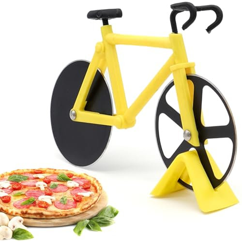 FORYNXHWIN Tagliapizza bicicletta, tagliapizza in acciaio inox, ruota con rivestimento antiaderente, lame super affilate con supporto, regalo novità, adatto per feste (giallo)