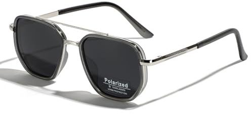 LIGOES TR90 Lunettes de soleil polarisées rétro carrées à monture plate et double pont - Lunettes de soleil complètes avec verres UV400, Argenté et noir., 44 mm x 53 mm x 18 mm