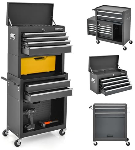 GOPLUS Servante d’Atelier avec Coffre Amovible, 33 x 62 x 132CM, Caisse à Outils Roulant avec 6 Tiroir Verrouillable & Armoire à Étagère avec 4 Crochet, pour Garage, Atelier, Charge 90kg(Noir)