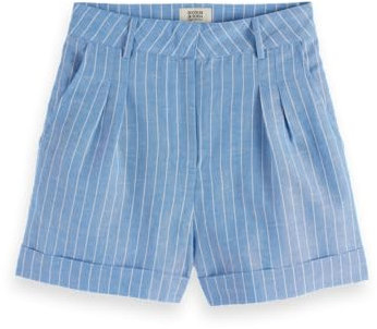 Scotch & Soda Women's High Rise Linen Printed Shorts, Blue and White Pin Stripe, M