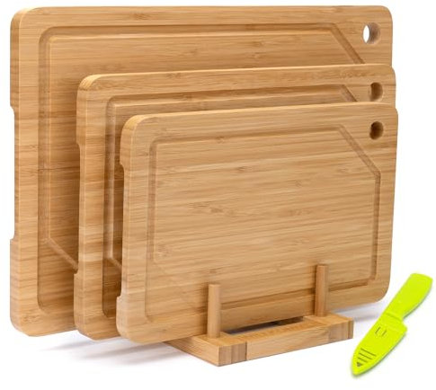 WILLKOMMEN Planche à découper en bambou,set de 3,planches à découper de cuisine avec rainure pour le jus et trous de suspension,planche de service pour la viande, les fruits, les légumes et le fromage