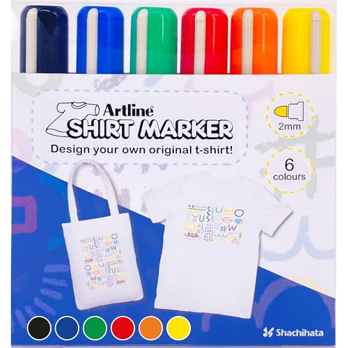 Artline Pack of 6 Fabric Markers for T-Shirts - Blue, Green, Red, Orange, Yellow & Black Fabric Pens Permanent for Clothes. Laundry Safe up to 60 °C - Genuine Fabric Pens for Clothes