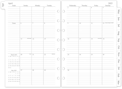 Recambio de planificador mensual 2025-2026, insertos de agenda para 8 discos, abril de 2025 a junio de 2026, 15 calendarios mensuales con pestañas mensuales, 5.5 x 8.5 pulgadas