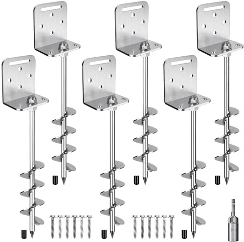6 Pack 18 Trampoline Ground Anchors Screw in Earth Anchor kit with L-Shaped Brackets 2 Wide Spiral Swingset Anchors for Swing Set, Mobile Home, Tent, Canopy, Carport, Sheds, Playset