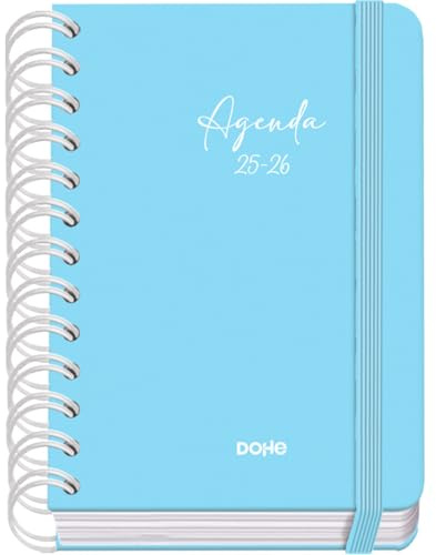 Dohe - Skolkalender 2025 2026 - Dag per sida, Storlek A6 (12x17 cm), Spanska och Engelska, Dubbelspiralbindning och Resårband, Hårt omslag, 4 Klistersidesark - SERENITY Blå