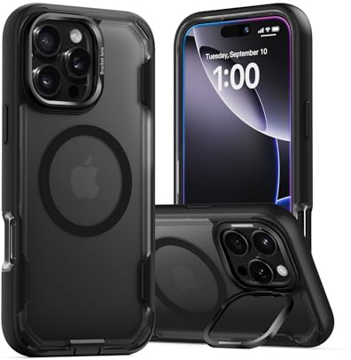 MobNano for iPhone 16 Pro Max Case Compatible with MagSafe, Heavy Duty Military-Grade Protection, Dual-Layer Shockproof with Lens Kickstand, Raised Edge, Full-Body Protective Phone Case - Matte Black