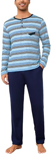 Aseniza Pigiama Uomo Invernale Cotone Lungo Pigiami Righe Set Due Pezzi Maniche Lunghe da Casa Caldo Loungewear Casual Blu S