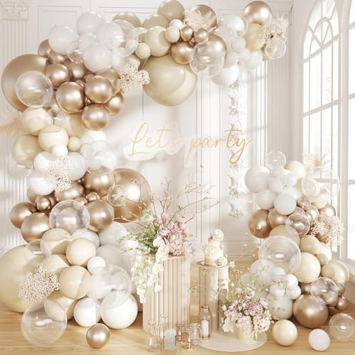 Kit Arco Per Palloncini Compleanno Bianchi Oro-105 Pezzi Kit Ghirlanda Arco Palloncini Con Palloncini Oro Sabbia Bianchi e Trasparenti Per Decorazioni Compleanno, Baby Shower, Matrimonio