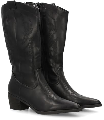 shoes&blues.es 95421 Bota Cowboy de Cana Alta con Bordados Laterales. Punta Fina y Tacon Ancho Comodo.Ideal Temporada Otono Invierno. Negro Talla 41