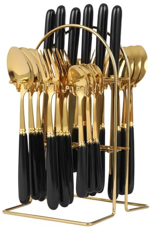 24-Piece Cutlery Set with Storage Stand | 410 Stainless Steel & Ceramic Handle for Family Dinners/Parties/Hotels Tableware Set for Home & Restaurant Use (Gold+Black)