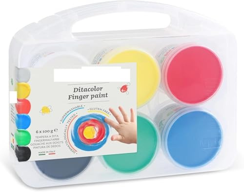 Agendepoint.it - Ditacolor Tempera a Dita per Bambini, 6 Colori x 100g, Lavabile e Gluten Free, Valigetta con Manico, Made in Italy