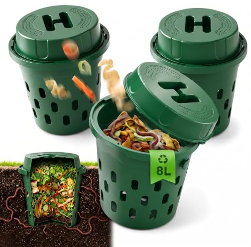 Biigdan 3 Pièces 8L Souterrain Composteur de Jardin avec Couvercle | PP Lombricomposteur avec Trous de Ventilation,Organique Composteur pour Jardins,Massifs de Fleurs,Cours 24x23cm