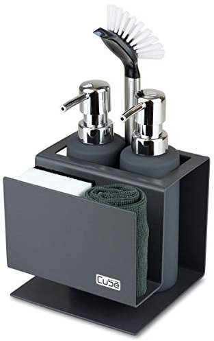 Cube Spülbecken Organizer Set Made in Germany: Prämierter Küchenorganizer inkl. Seifenspender & Spülbürste – Edler & Praktischer Spülorganizer für eine Aufgeräumte Küche – Spülset Anthrazit