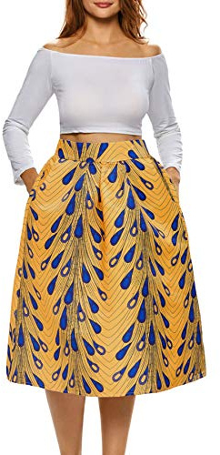 Afibi Womens African Print Skirt Boho Flare Pleated Midi Skirt with Pockets (Large, Pattern 9)