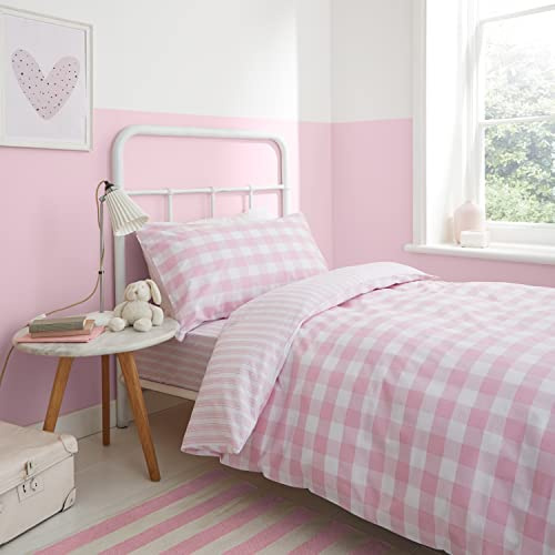 Bianca - Juego de Funda nórdica, para Cama Individual, diseño de Cuadros y Rayas, Color Rosa, algodón, Rosa, Juego de Cama Individual