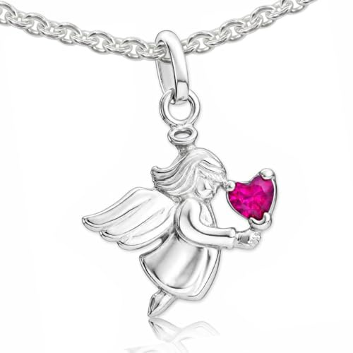 Clever Schmuck Collana da bambina con ciondolo a forma di angelo con zirconi e cuore rosso rubino in mano e catena a pisello 42 cm in argento Sterling 925
