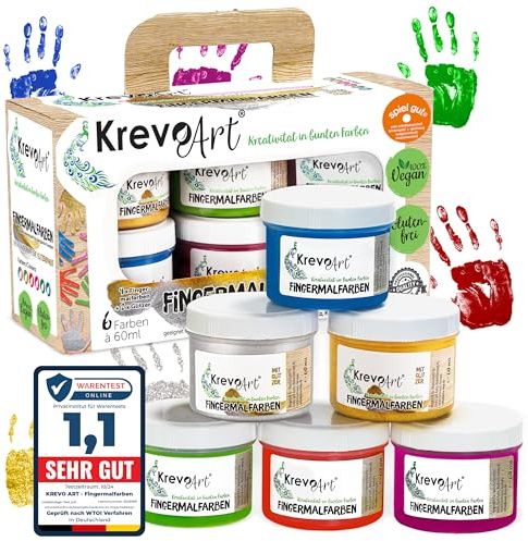 Krevo Art Peinture au doigt – 6 couleurs vives et opaques, dont or et argent, non toxique et lavable, peut être peint au pinceau, éponge et doigts – avec des modèles de coloriage créatifs pour plus de