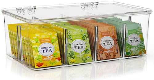 Utopia Home - Tea Bag Organizer With Lids, (1 Pack) Clear Pantry Storage Box - Stackable Partition Organizers or Holder With Lids For Drawers, Countertops, Fridge, Kitchen, Snack & Spice Organization