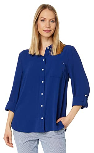 Tommy Hilfiger Roll Tab Aero Chemise à Bouton Bas, Deep Sea, XL Femme
