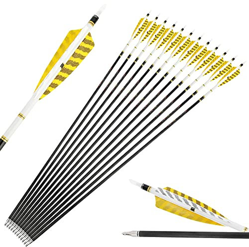 SHARROW Bogenschießen Carbonpfeile 31 Zoll Jagdpfeile Bogenpfeile Pfeile für Bogen Spine 250/300/350/400/500/600 mit Truthahnfedern für Außenaufnahmen (Spine 500, 12 Stück)