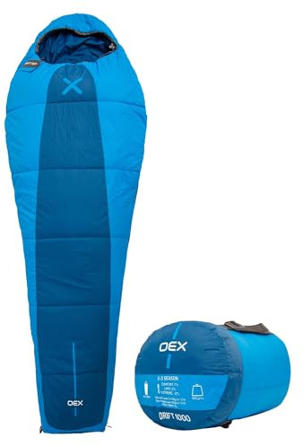OEX Drift 1000 Sleeping Bag for Adults, Teens, Kids, 1 Person, 2-3 Season, Ultra Lightweight, Mummy, Warm, Indoor & Outdoor Use, Camping, Hiking, Backpacking, Compression Bag, Cobalt Blue