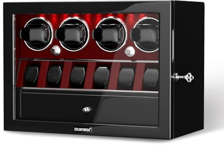 DUKWIN Watch Winder for 4 Automatic Watches,Lockable Watch Winders with Watch and Jewelry Storages, Super Quiet Mabuchi Motor with High-Gloss Piano Lacquer Finish,Built-in Illumination-Red