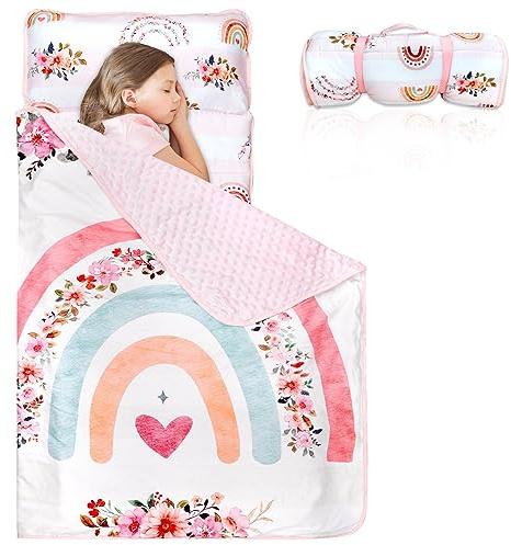 Tapis de Sieste pour Tout-Petits avec Oreiller Amovible et Couverture Minky à Pois Doux Pea Pod pour Enfants, Motif Floral Arc-en-Ciel, Sacs de Couchage roulés Extra Larges pour Filles, Maternelle,
