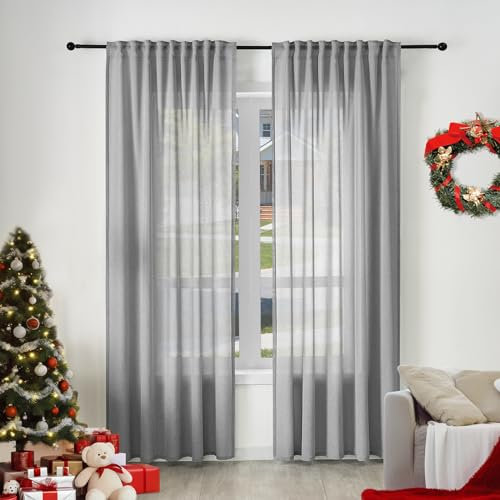 WOLTU 2er Set Gardinenn, Schiebegardine für Wohnzimmer Schlafzimmer, mit Kräuselband, Leinenoptik, Halbtransparent Voile modern, 135 x 175 cm, Grau