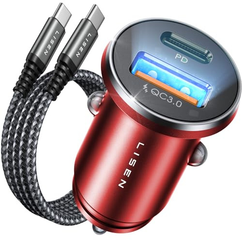 LISEN - Caricabatterie da auto per accendisigari da 54 W per telefono cellulare a ricarica rapida con presa USB C da 12 V, mini adattatore per accendisigari auto a USB in metallo per iPhone S21, LG