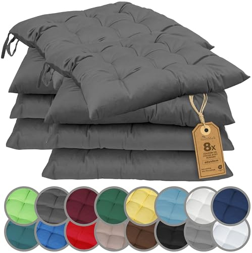 NatureMark Lot de 8 Galettes de Chaises avec Rubans 40x40 cm – Coussin de Chaise Épais pour Intérieur & Jardin – Couleur Anthracite