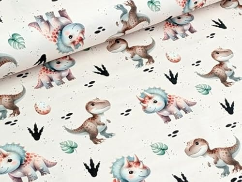 Eigenproduktion Bio Baumwolljersey Aquarell Kinder Dinos auf Beige Stoff Meterware