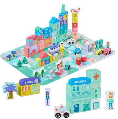 Relaxdays Holzbausteine Stadt, 108 Bauklötze, Puzzlematte, mit Gebäuden, Buchstaben, Zahlen, Bausteine ab 3 Jahren, bunt, A